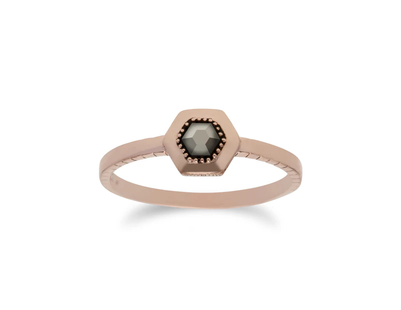 Rose Gold Plated Marcasite Hexagon Design Ring in 925 Sterling Silver