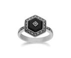 Art Deco Style Black Onyx & Marcasite Hexagon Ring in 925 Sterling Silver