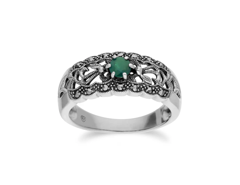 Art Nouveau Style Round Emerald & Marcasite Floral Band Ring in 925 Sterling Silver