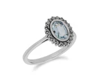 Art Deco Style Oval Blue Topaz & Marcasite Halo Ring in 925 Sterling Silver