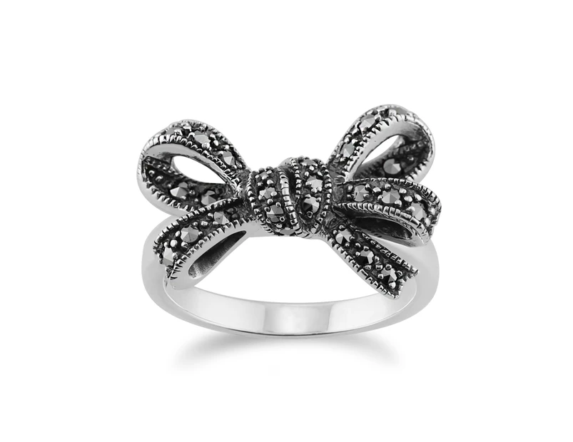 Art Nouveau Style Round Marcasite Ribbon Bow Ring in 925 Sterling Silver
