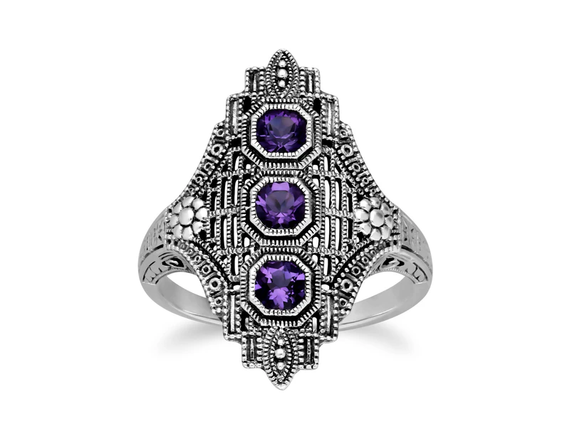 Art Nouveau Style Octagon Amethyst Three Stone Filigree Statement Ring in 925 Sterling Silver
