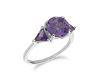 Classic Round & Prism Amethyst Three Stone Ring in 925 Sterling Silver