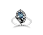 Art Nouveau Style Marquise Blue Topaz & Marcasite Ring in 925 Sterling Silver