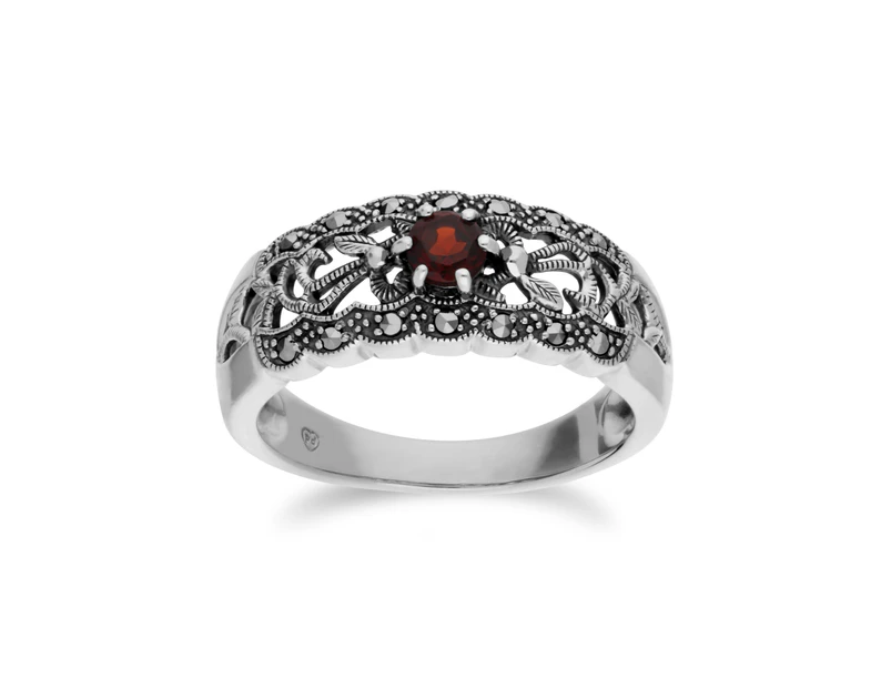 Art Nouveau Style Round Garnet & Marcasite Floral Band Ring in 925 Sterling Silver