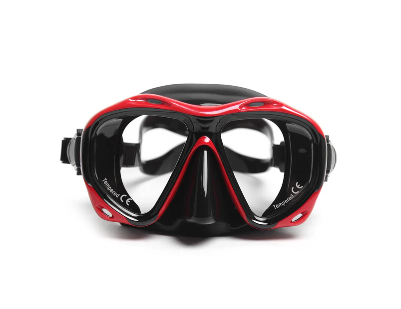 Men’s Women’s Anti-fog Diving Mask Tempered Glass Lens Flexible Silicone Skirt PC Frame Adults - Red & Black