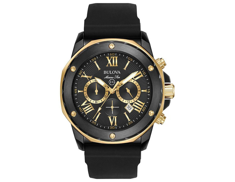 Bulova Marine Star Gents Multi Function Black & Gold Watch - 98B278