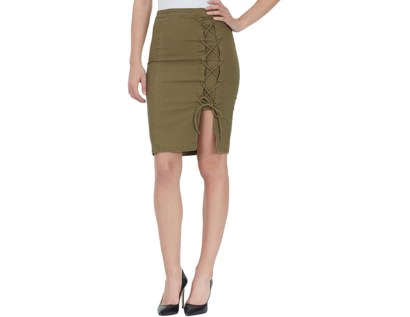 William Rast Womens Lace-Up Utility Military Olive Pencil Skirt