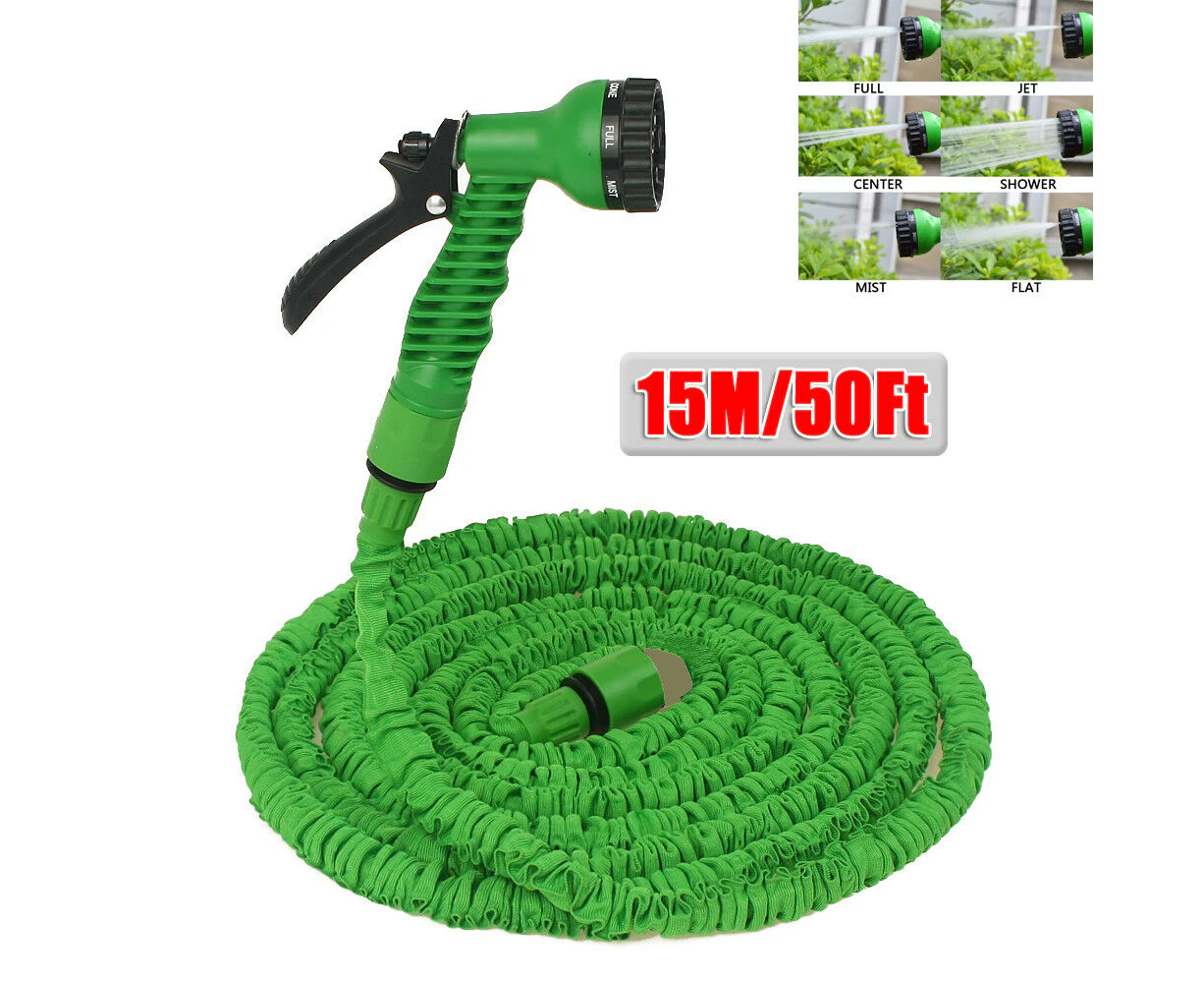 15M 50Ft Expanding Pocket Garden Water Hose Pipe Jet Spray Gun Nozzle Head Green