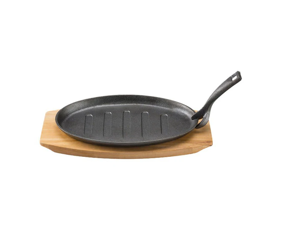 Pyrolux Pyrocast Cast Iron 27x18cm Oval Sizzle Plate w/ Maple Tray Cook/Pan