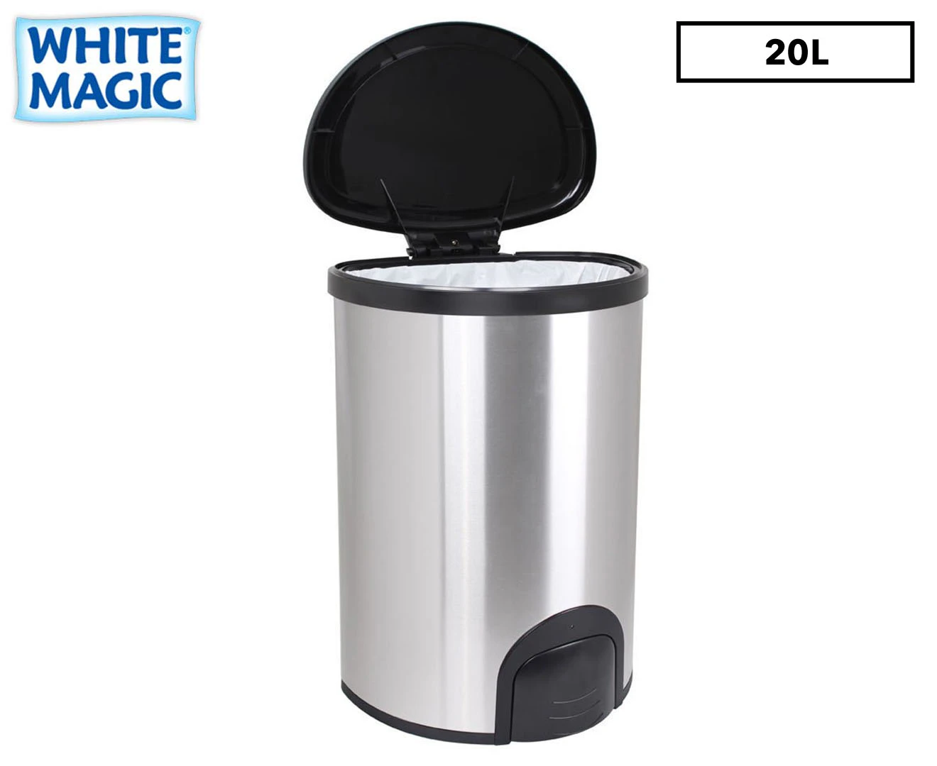 White Magic 20L Smart Bin Toe Tap Rubbish Can Foot Pedal Trash Container Silver