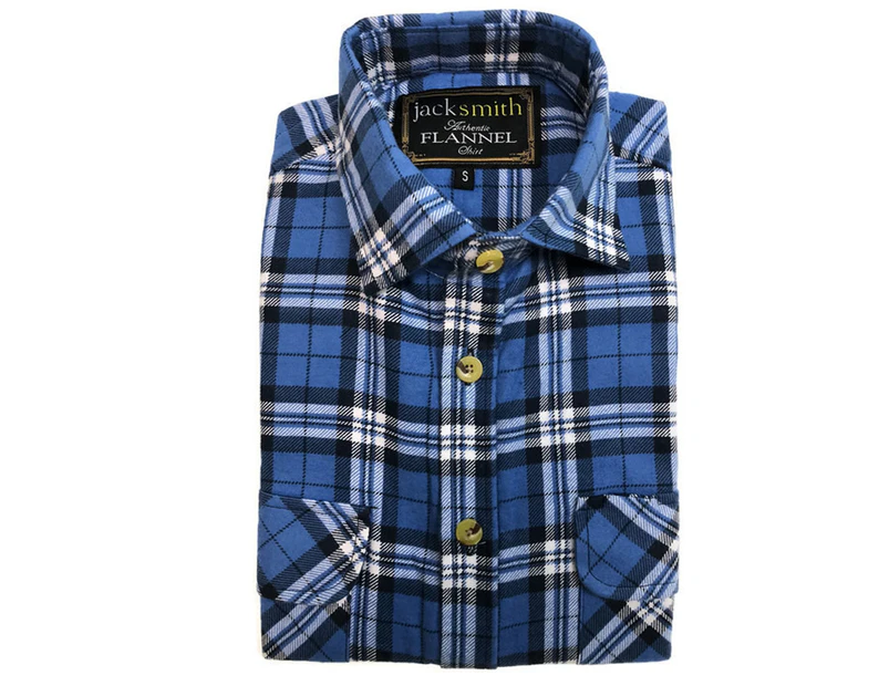 Men's Flannelette Shirt Check Vintage Long Sleeve - Light Blue Check (Half Placket)