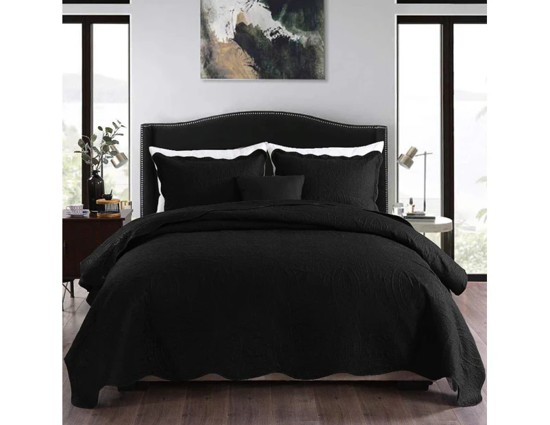 Queen King Super King Size Bed Embossed Coverlet Bedspread Set Comforter Quilt Black