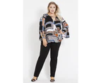 Beme Full Length Wide Sleeve Wrap Top   - Womens Plus Size Curvy - MULTI PATCHWORK