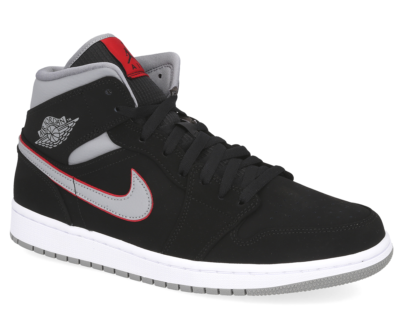 Nike Men's Air Jordan 1 Mid Shoe - Black/Particle Grey/White/Gym Red | Catch.com.au