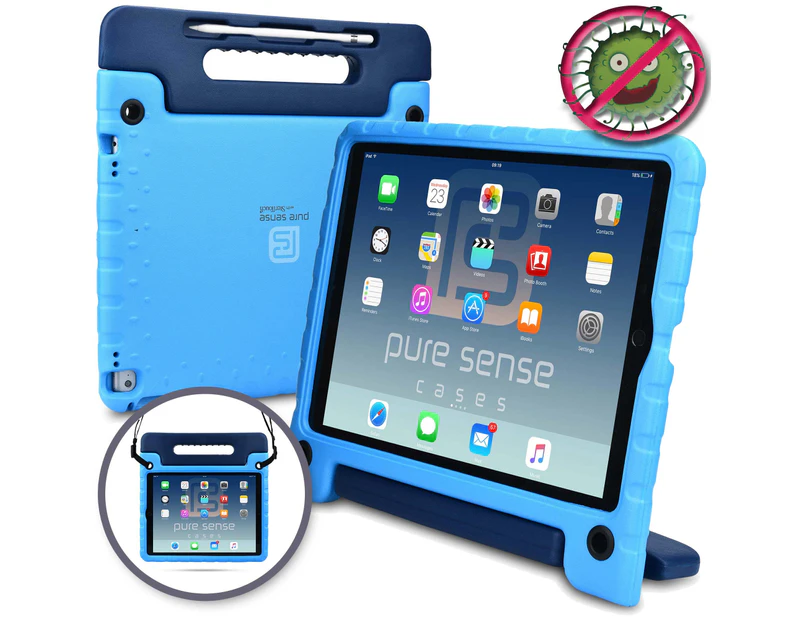 Pure Sense Buddy [Anti-Microbial Kids Case] Child Proof case for iPad Pro 11" | Rugged Cover, Stand, Shoulder Strap | A1980 A2013 A1934 A1979 (Blue) - Blue