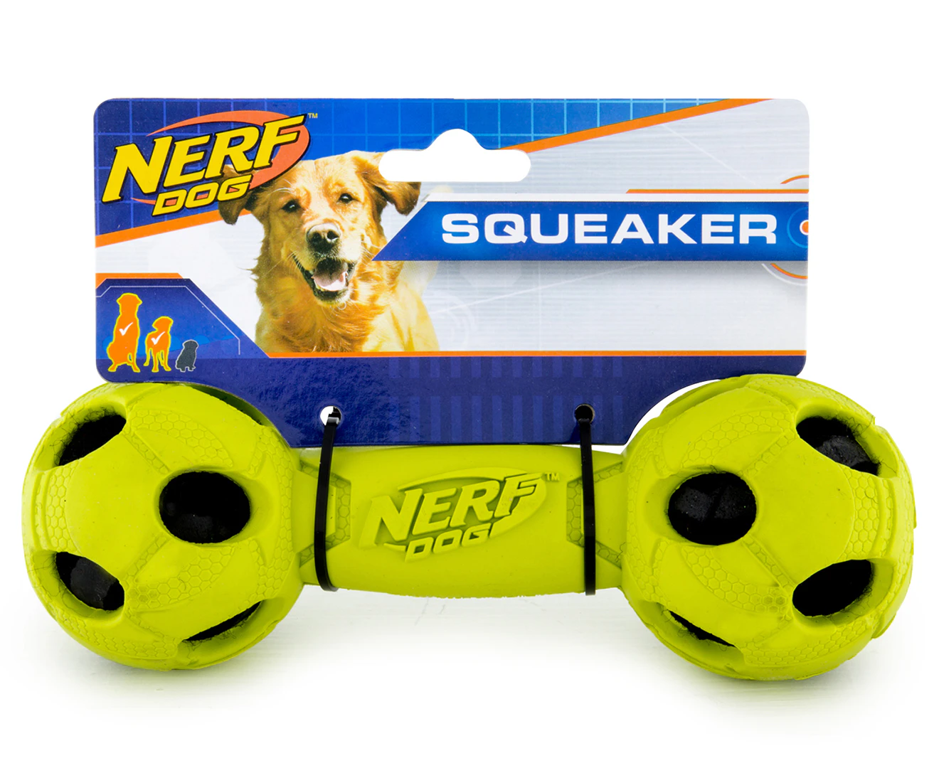 Nerf Dog Pet Indoor/Outdoor Medium Rubber Tire Barbell Squeaker Chew Toy Green