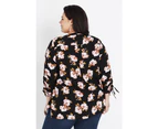 Beme 3/4 Ruched Sleeve Longline Shirt   - Womens Plus Size Curvy - PINK FLORAL