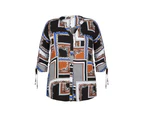 Beme 3/4 Ruched Sleeve Longline Shirt   - Womens Plus Size Curvy - MULTI PATCHWORK