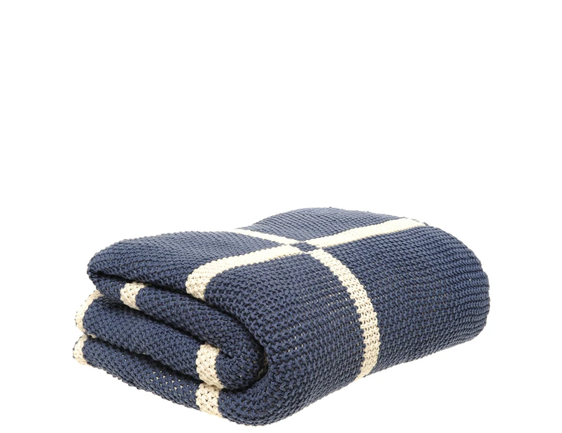 Knitted Cotton Throw with Ribbon - Indigo