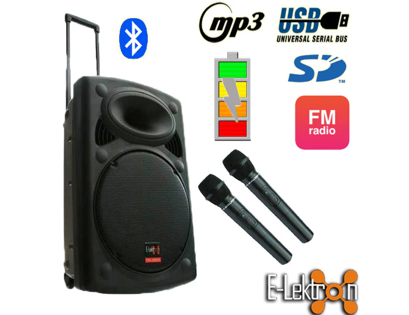 E-Lektron EL38-M 15 inch Mobile PA Sound System Bluetooth Battery Recoding MP3 USB SD incl. 2 Wireless microphones 900W Karaoke Sound System