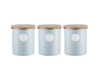 3PK Typhoon 1L Blue Metal Tin Sugar Can Container Storage Jar w  Bamboo Wood Lid