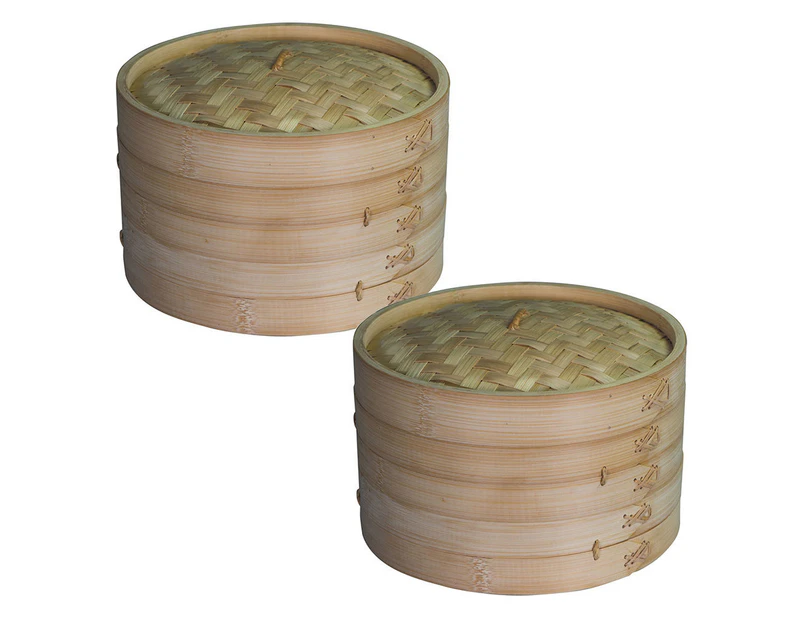 2x Avanti 12754 25cm 2 Tier Bamboo Basket Steamer Set Asian Cook Chef Kitchen