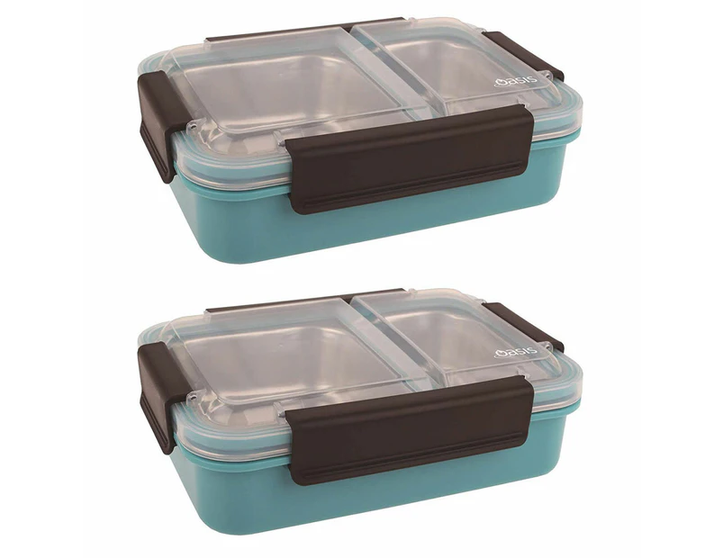 2PK Oasis 23cm Stainless Steel 2 Compartments Food Lunch Box Storage Turquoise