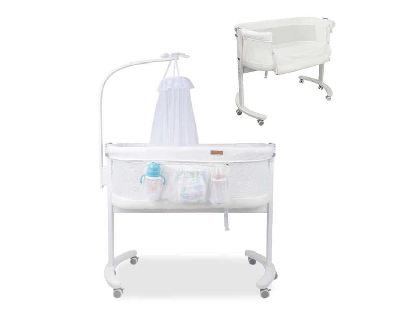 Baby Bassinet Cot Crib Bed Timber Bedside Bed with Mosquito Net Canopy