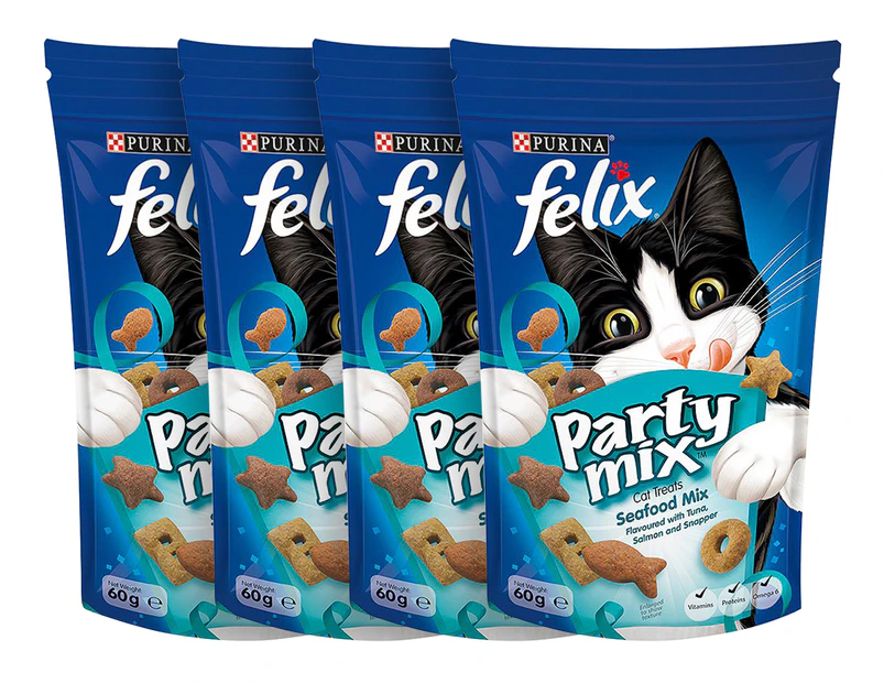 4 x Felix Party Mix Cat Treats Seafood Mix 60g
