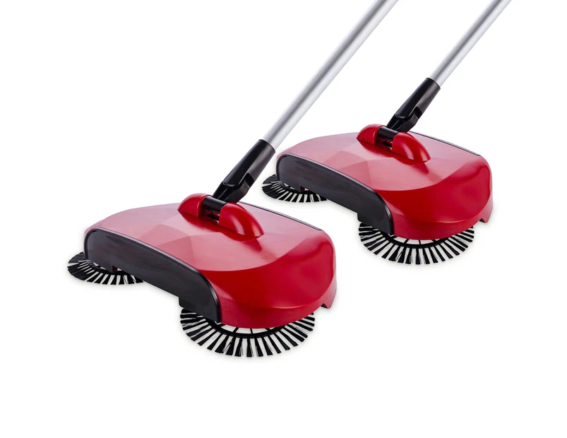 SOGA 2x Hand Push Sweeper Broom Lazy Auto Spin Household Cleaning No Electricity Red