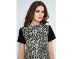 Straight Dress with Animal Print Detail - Green