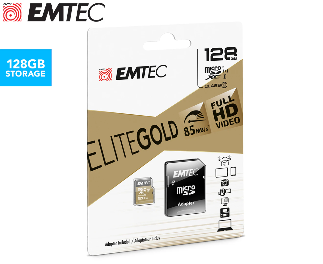 EMTEC microSDXC Memory Card - 128GB - Gold Includes SD Adapter - UHS-I - Class 10 [ECMSDM128GXC10GP]