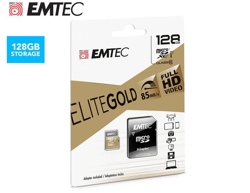 EMTEC 128GB Class 10 Micro SD Elite Gold Card w/ Adapter