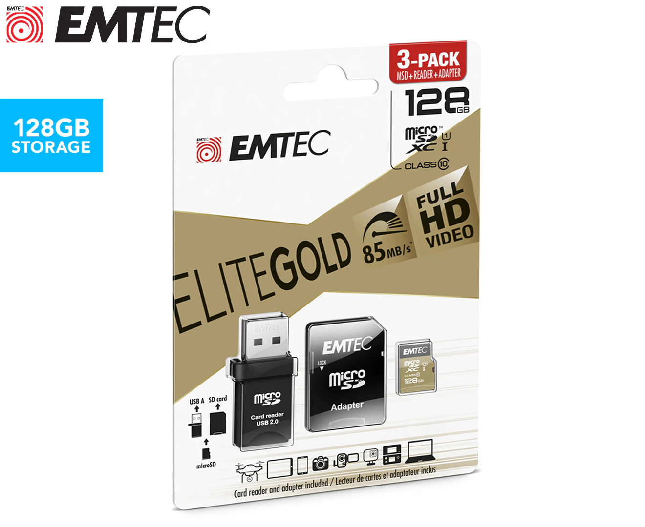 Emtec Micro SD Card SDHC UHS-I Memory Card 128GB Class 10 With SD Adapter 85MB/s