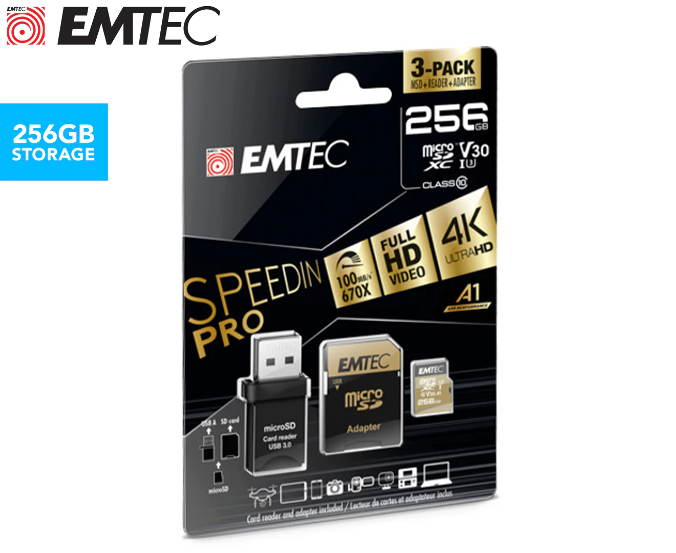 EMTEC 256GB Class 10 V30 SpeedIn Pro Micro SD Card w/ Adapter & USB 3.0 Reader