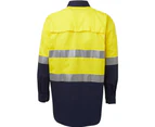 BigBEE HI VIS SHIRT SAFETY COTTON DRILL WORK WEAR Air Vents UPF 50+ LONG SLEEVE Reflective Tape - YELLOW/NAVY