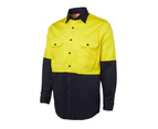 BigBEE HI VIS SHIRT SAFETY COTTON DRILL WORK WEAR Air Vents UPF 50+ LONG SLEEVE - YELLOW/NAVY