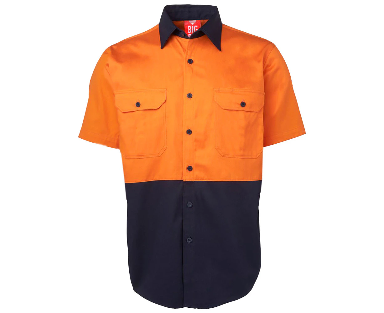 BigBEE HI VIS SHIRT SAFETY COTTON DRILL WORK WEAR Air Vents UPF 50+ Short SLEEVE - ORANGE/NAVY