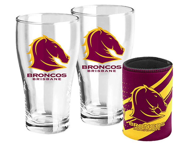 Brisbane Broncos NRL Set of 2 Pint Beer Glasses with Neoprene Can Cooler Stubby Holder