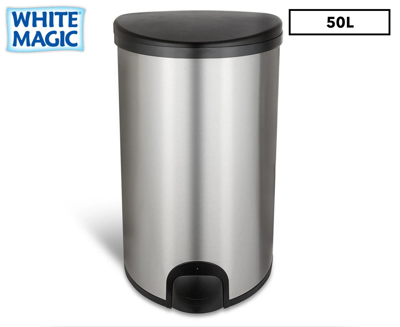 White Magic 50L Smart Bin Toe Tap Rubbish Can Foot Pedal Trash Container Silver