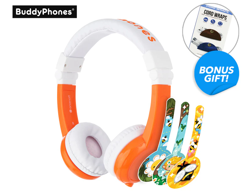 BuddyPhones Explore Foldable Kids' Headphones w/ Mic - Orange + Bonus Cable Organiser Wrap 2-Pack