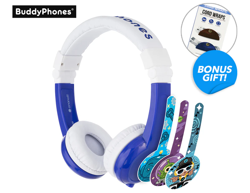BuddyPhones Explore Foldable Kids' Headphones w/ Mic - Blue + Bonus Cable Organiser Wrap 2-Pack