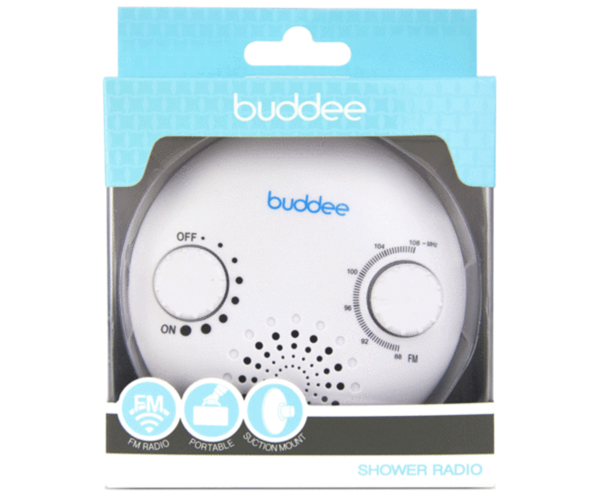 Buddee Portable Shower FM Radio w/ Lanyard/Suction Cup/Hanging Mini Speaker