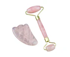 Rose Quartz Roller Set Face Massager Natural Jade Facial Slimming Massage Roller Stone Gua Sha Scraping Tool Beauty Care Set - Pink