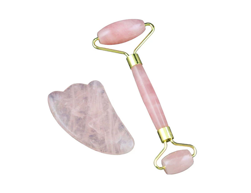 Rose Quartz Roller Set Face Massager Natural Jade Facial Slimming Massage Roller Stone Gua Sha Scraping Tool Beauty Care Set - Pink