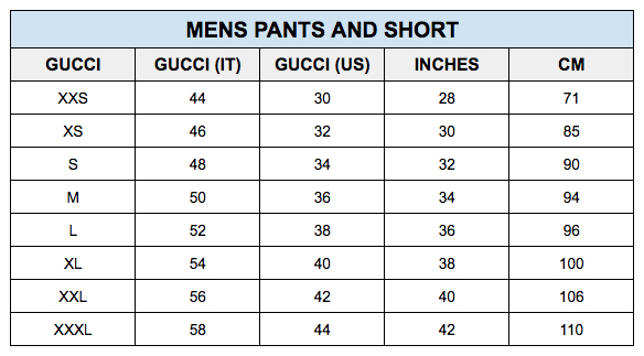 Gucci Pants Size Chart