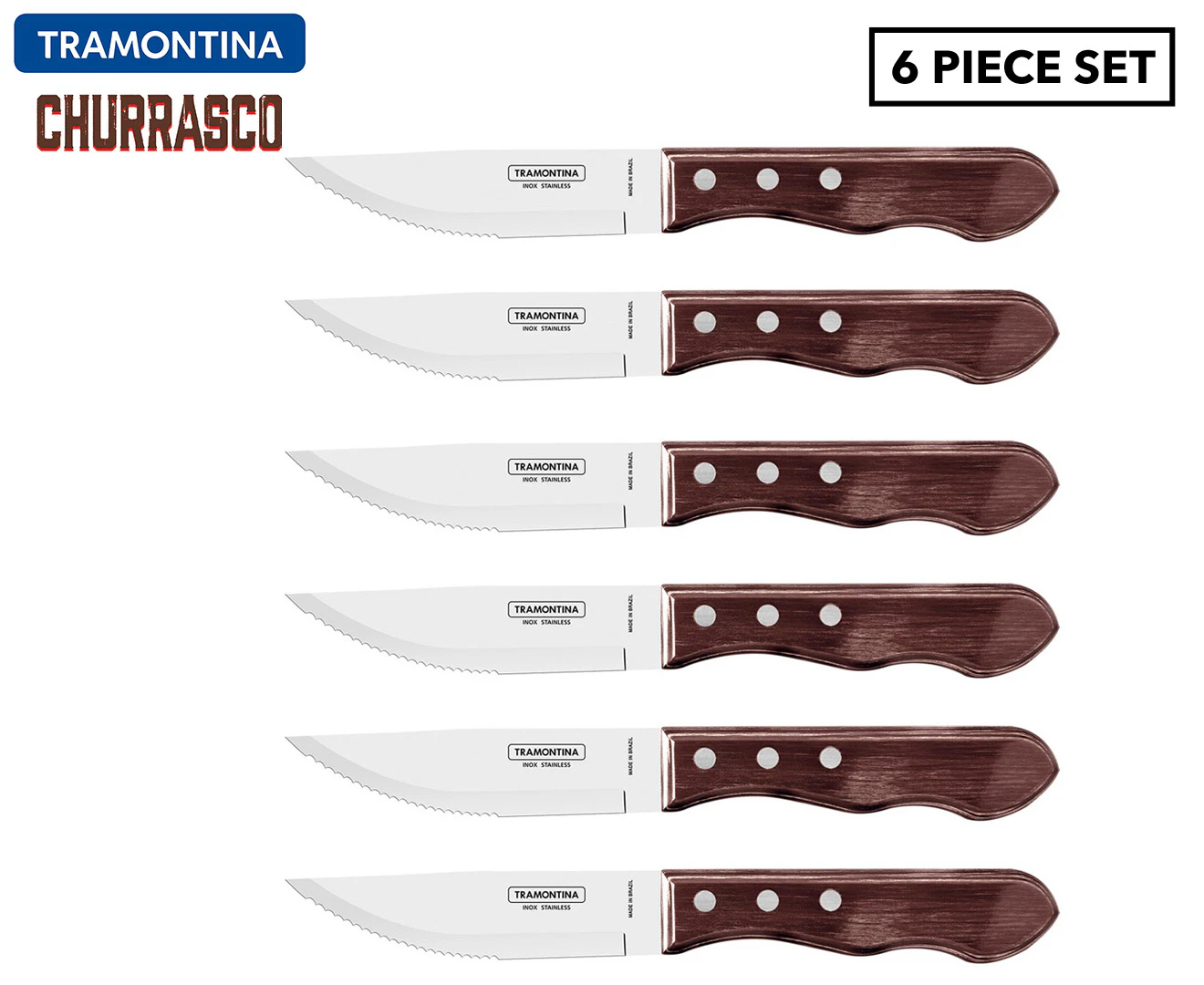 6pc Tramontina Jumbo Steak Knife Kitchen Cutting/Chopping BBQ Tool Set Brown