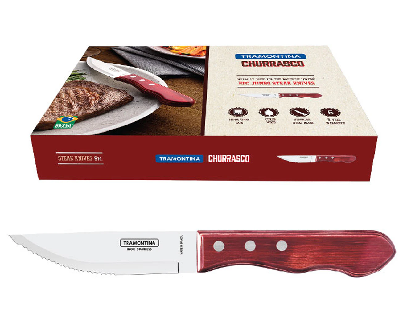 6pc Tramontina Jumbo Steak Knife Home/Kitchen Cutting/Chopping BBQ Tool Set Red