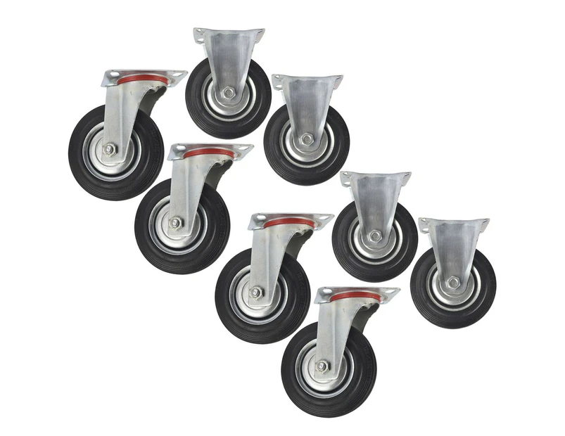 AB Tools 5" (125mm) Rubber Fixed and Swivel Castor Wheel Trolley Caster (8 Pack) CST06_07